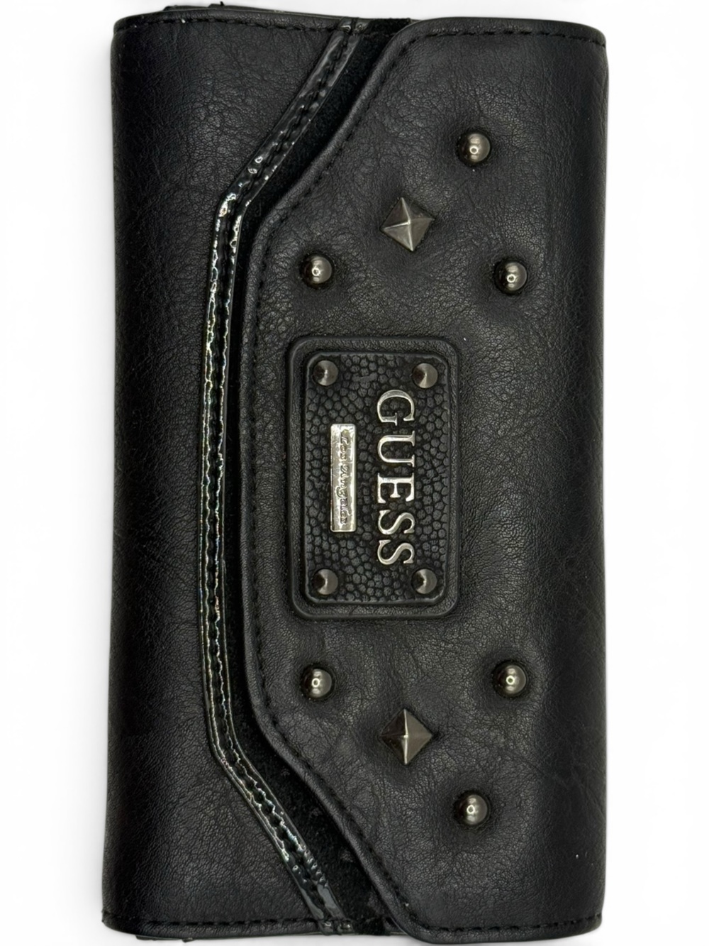 Vintage GUESS Black Studded Logo Flap Checkbook Wallet Y2K